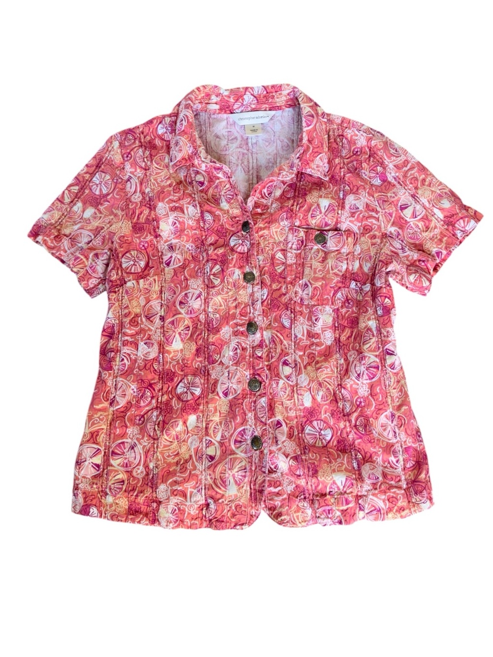 Christopher & Banks Womens Medium Pink Bicycle Snap Front Short Sleeve Shirt